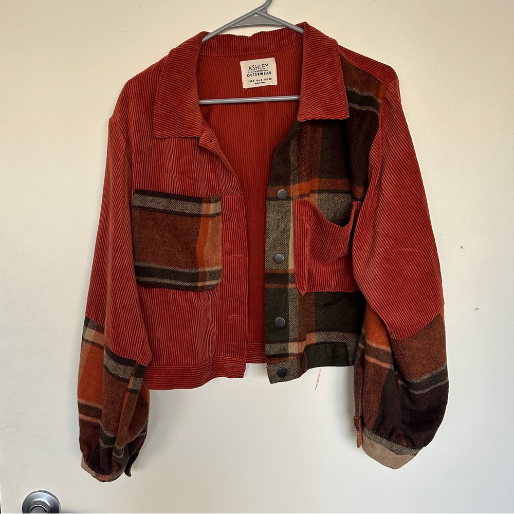 Cropped corduroy patch work flannel shirt